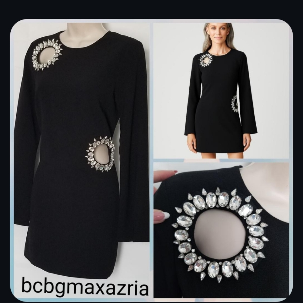 NEW  GBCBGMAXAZRIA BLACK COLOR EMBELLISHED CUTOUT  BELL SLEEVE MINI DRES